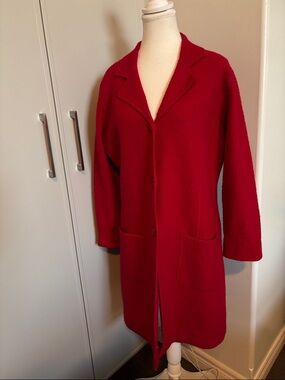 Silk Club Red Long Open Collar Coat 100%Wool Lightweight